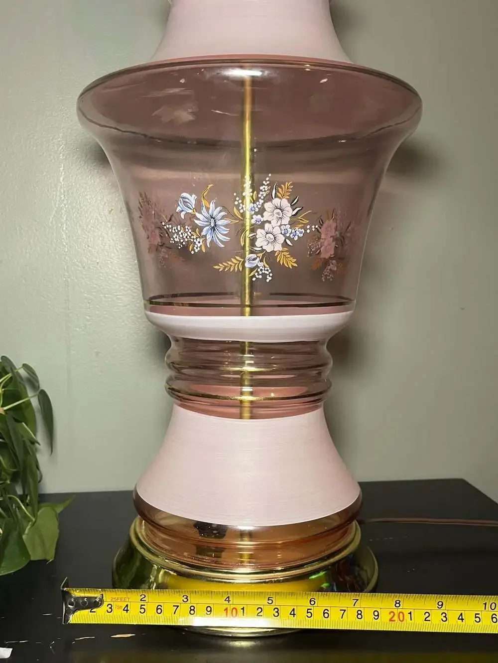 Vintage Pink Glass Floral Painted Table Lamp